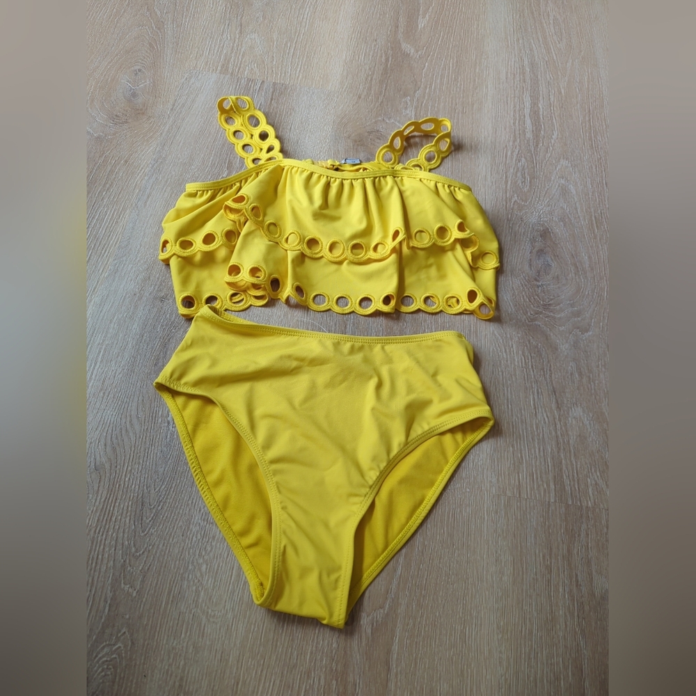 Habitual Girls Yellow 2 Piece Eyelet Ruffle Top And  Bikini Bottoms Swimsuit
